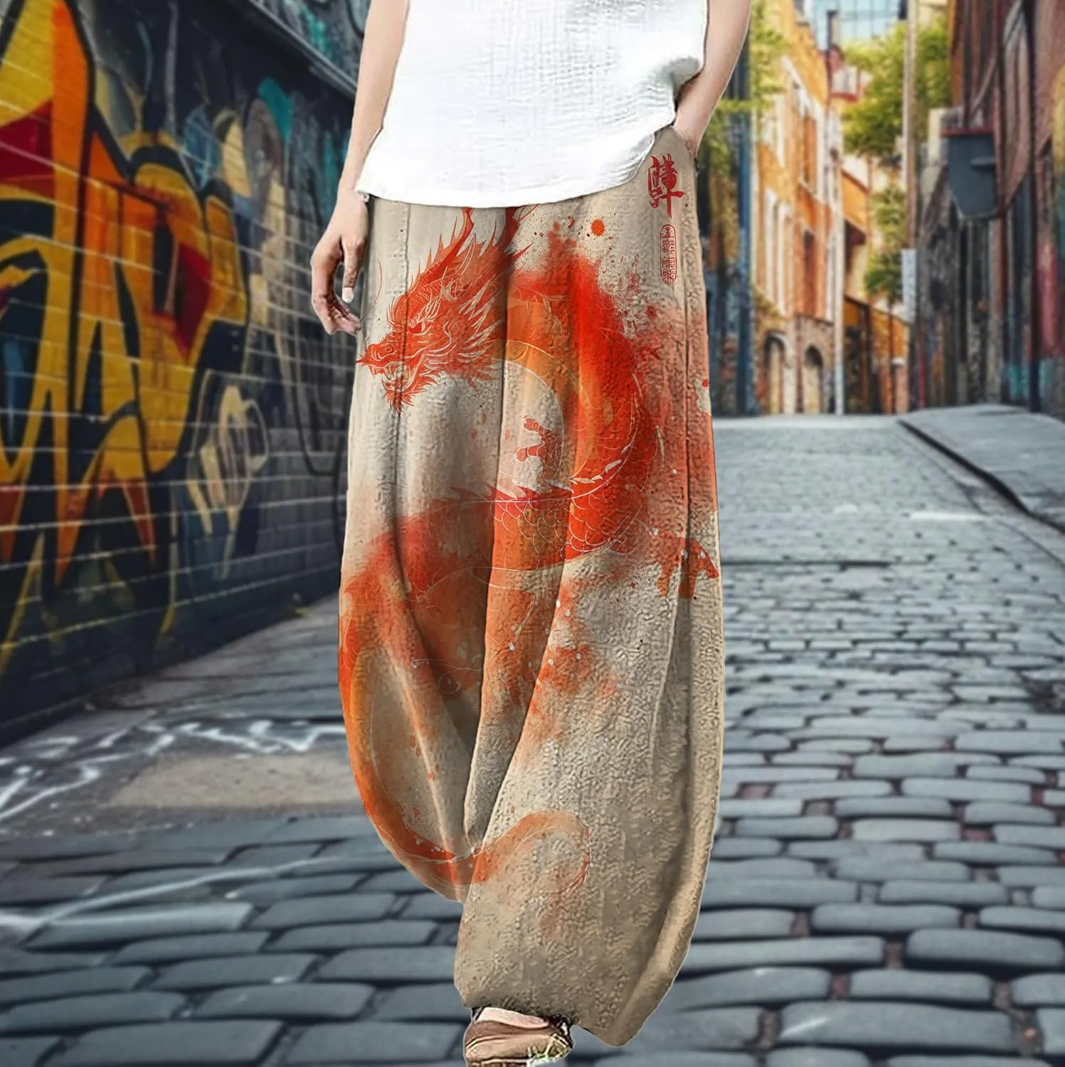 MARSVOVO Palazzo Pants for Women Dressy Elastic Waist Streetwear Hippie Pants Plus Size Casual Fall Harem Wide Leg Pants
