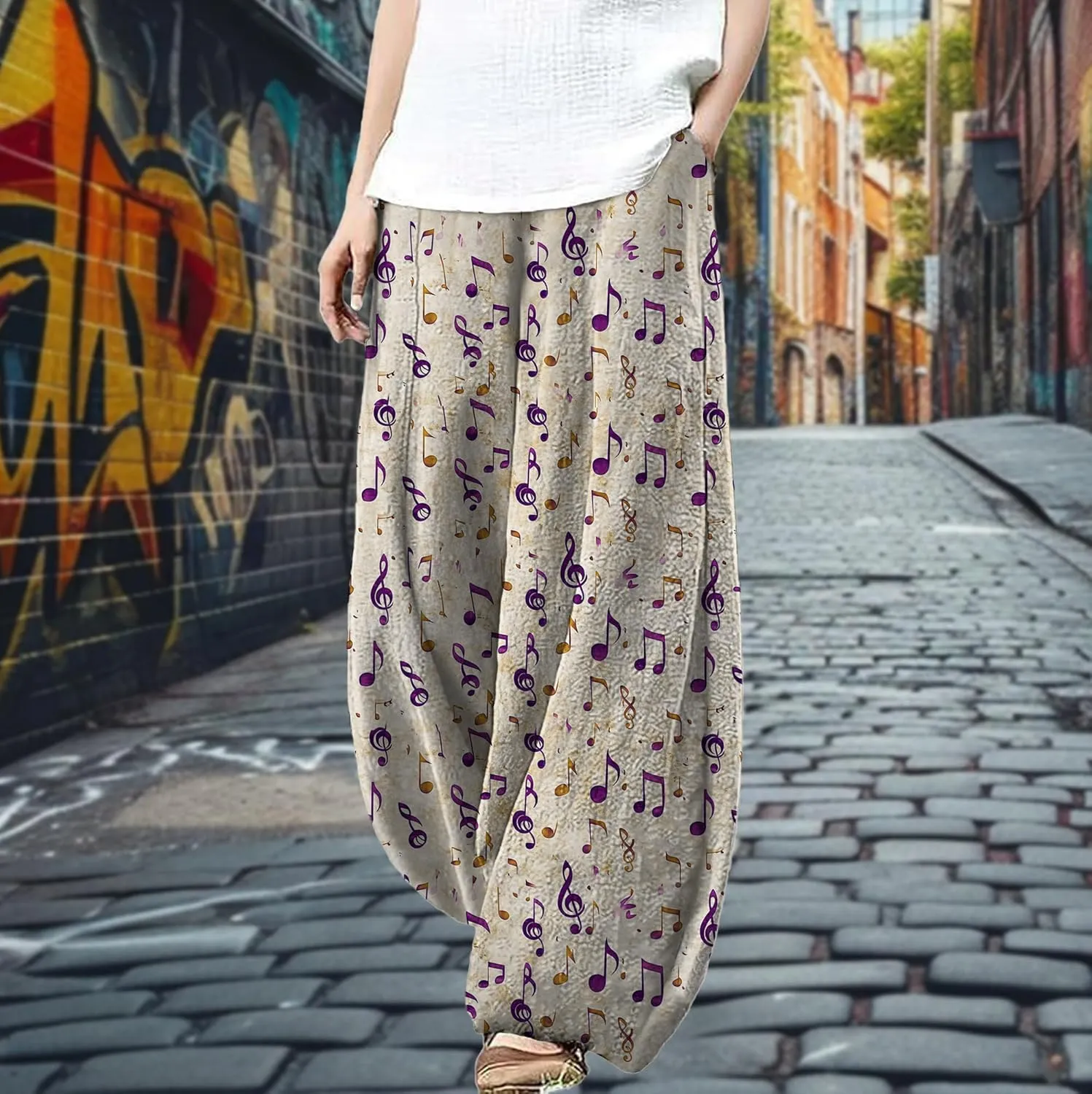 MARSVOVO Palazzo Pants for Women Dressy Elastic Waist Streetwear Hippie Pants Plus Size Casual Fall Harem Wide Leg Pants