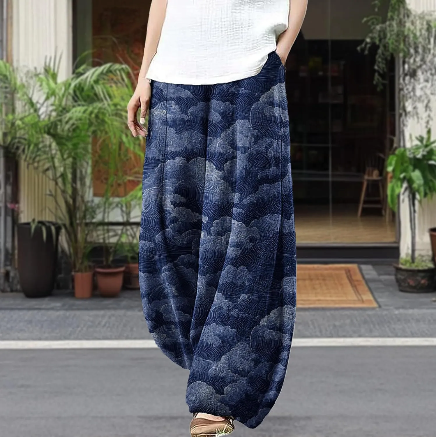 MARSVOVO Palazzo Pants for Women Trendy Wave Print Japanese Flowy Pants Lounge Casual Comfy Lantern Wide Leg Trousers