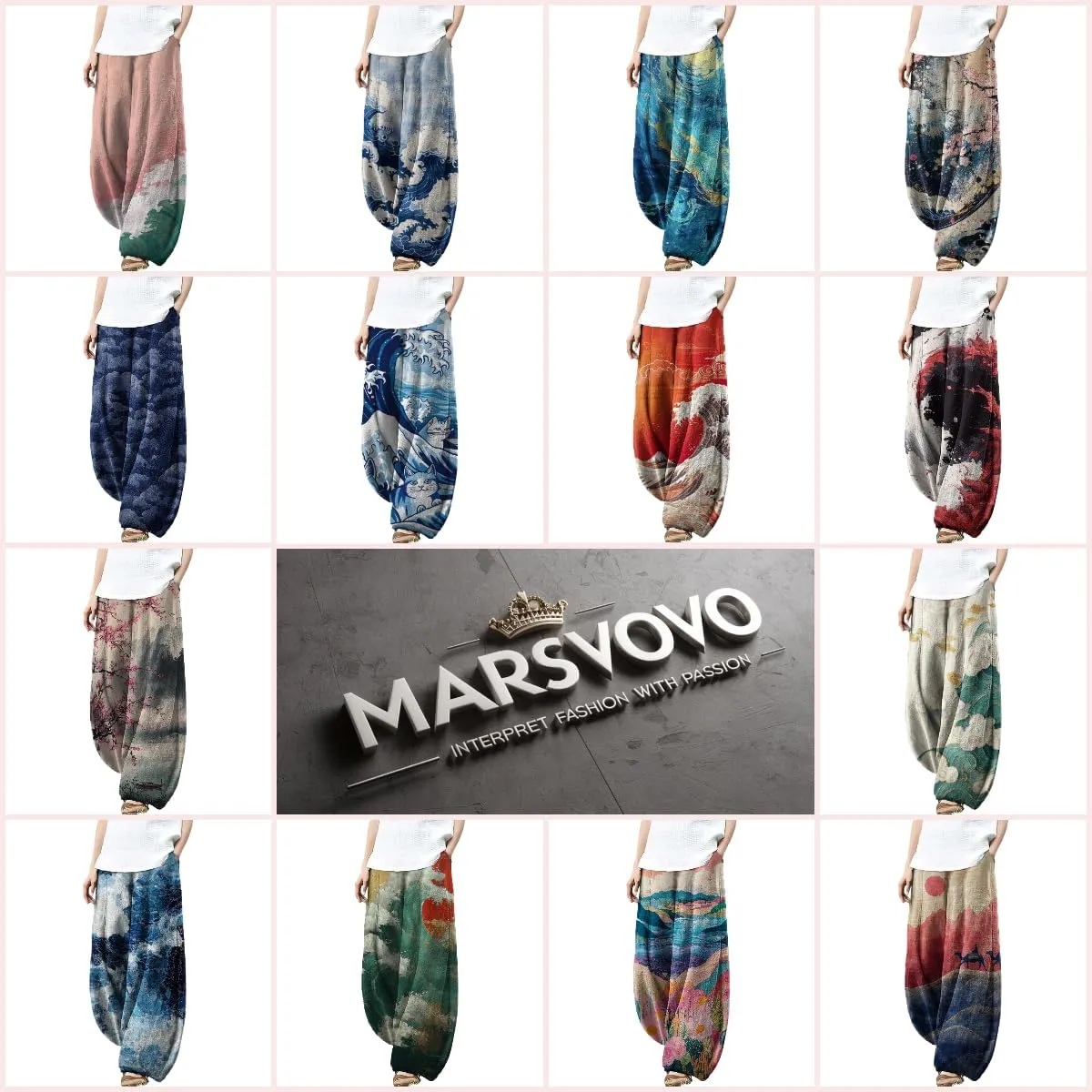 MARSVOVO Palazzo Pants for Women Trendy Wave Print Japanese Flowy Pants Lounge Casual Comfy Lantern Wide Leg Trousers