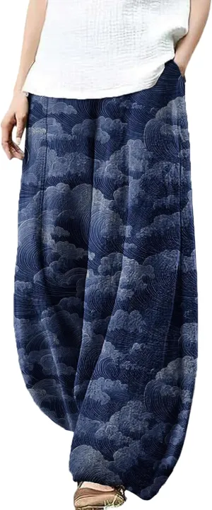 MARSVOVO Palazzo Pants for Women Trendy Wave Print Japanese Flowy Pants Lounge Casual Comfy Lantern Wide Leg Trousers