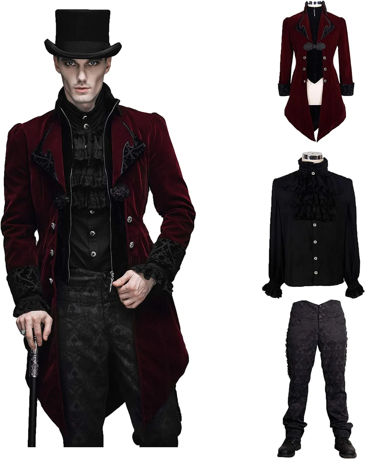 Men Victorian Gothic Vintage 3-Piece Suit Tailcoat Shirts Pants Set
