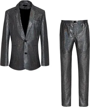 Men's 70s Disco Outfit Sequin Suit Set Metallic Shiny Jacket Slim Fit Pants Party Costume