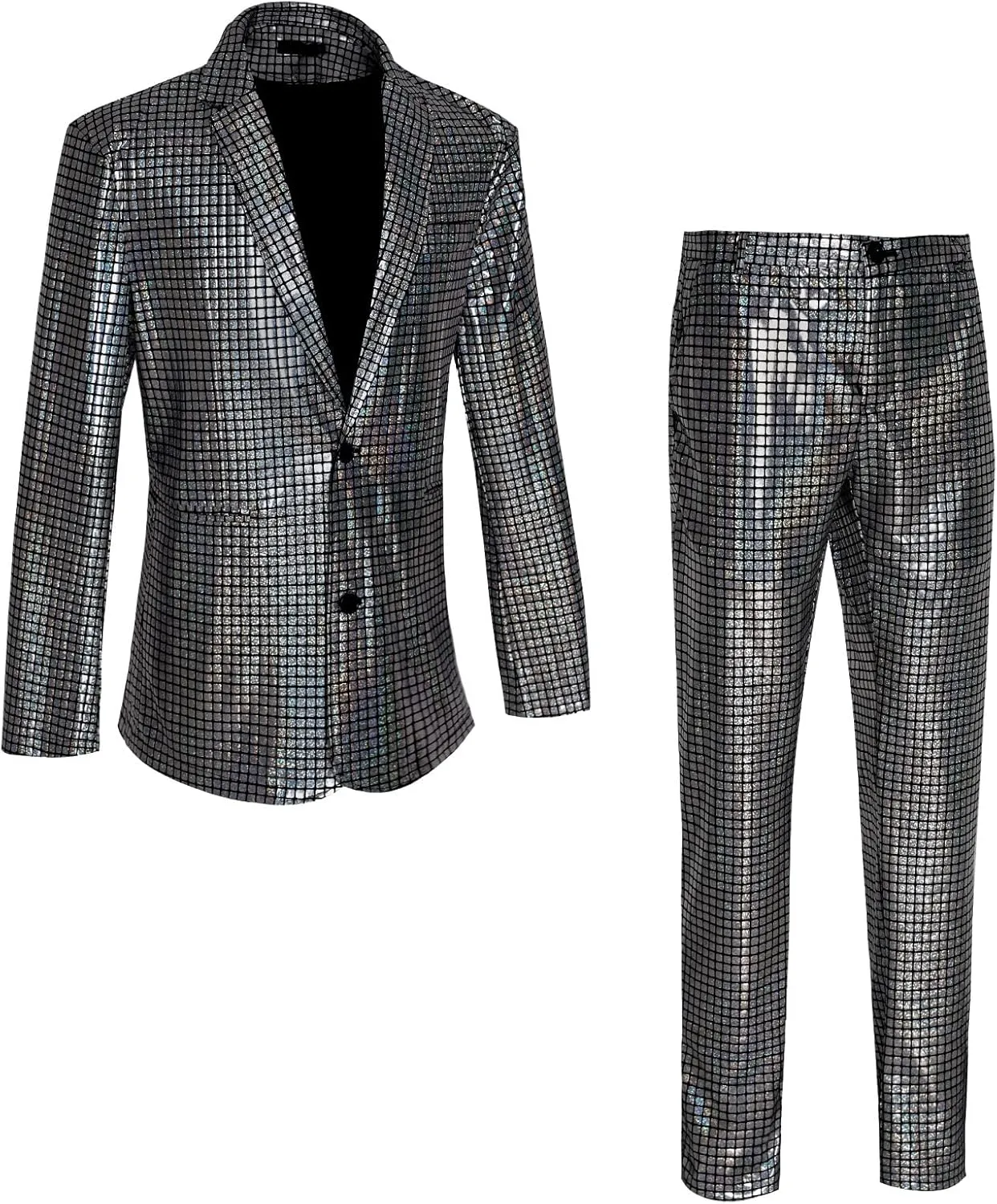 Men's 70s Disco Outfit Sequin Suit Set Metallic Shiny Jacket Slim Fit Pants Party Costume