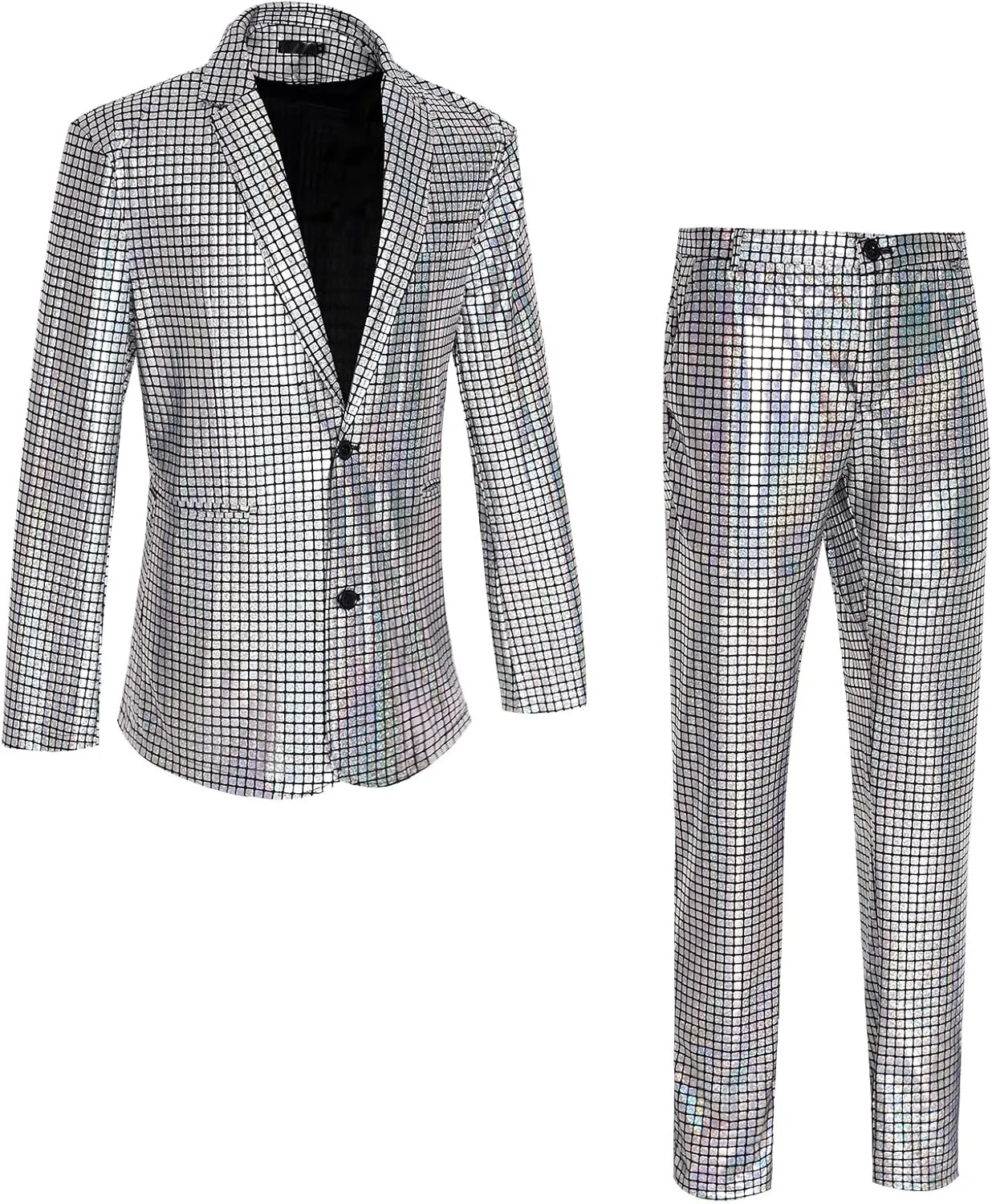 Men's 70s Disco Outfit Sequin Suit Set Metallic Shiny Jacket Slim Fit Pants Party Costume