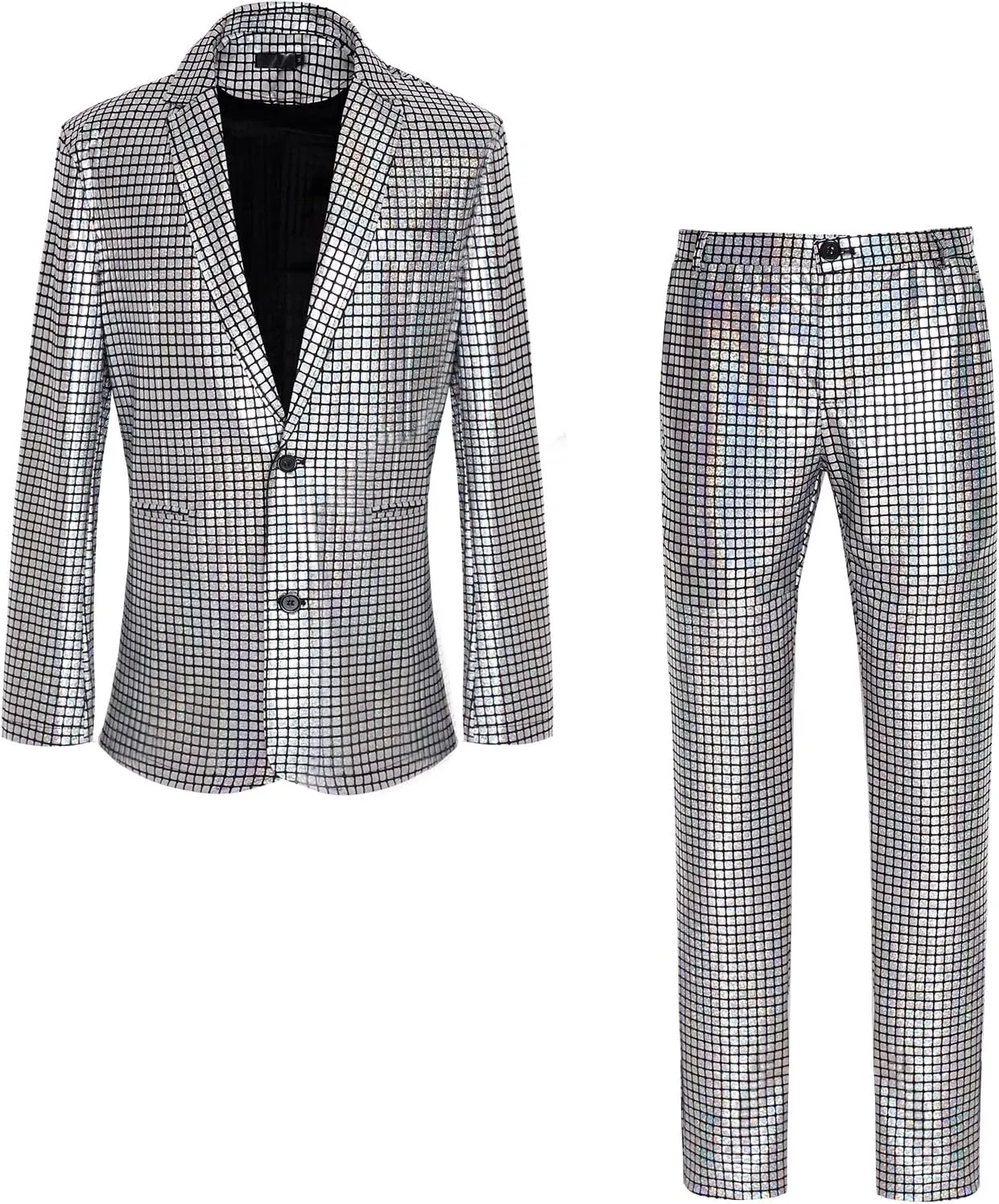 Men's 70s Disco Outfit Sequin Suit Set Metallic Shiny Jacket Slim Fit Pants Party Costume