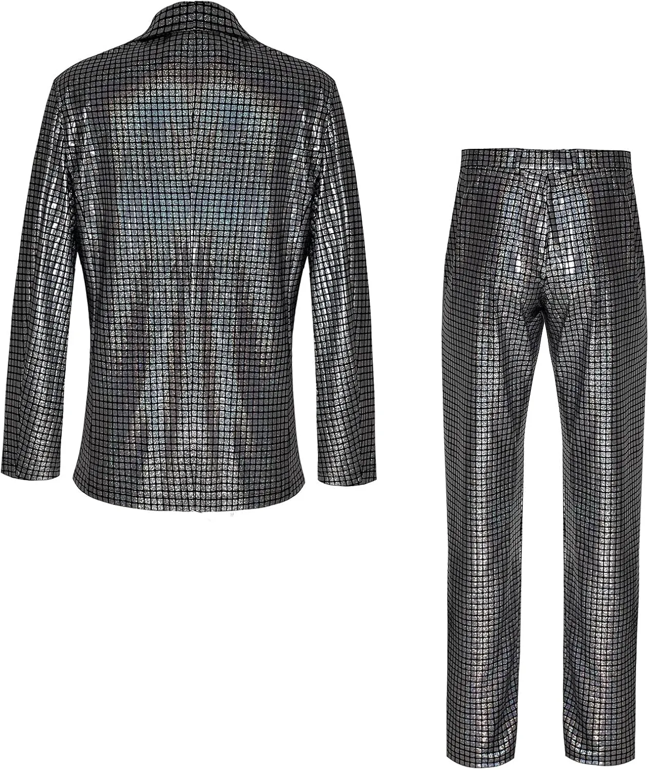Men's 70s Disco Outfit Sequin Suit Set Metallic Shiny Jacket Slim Fit Pants Party Costume