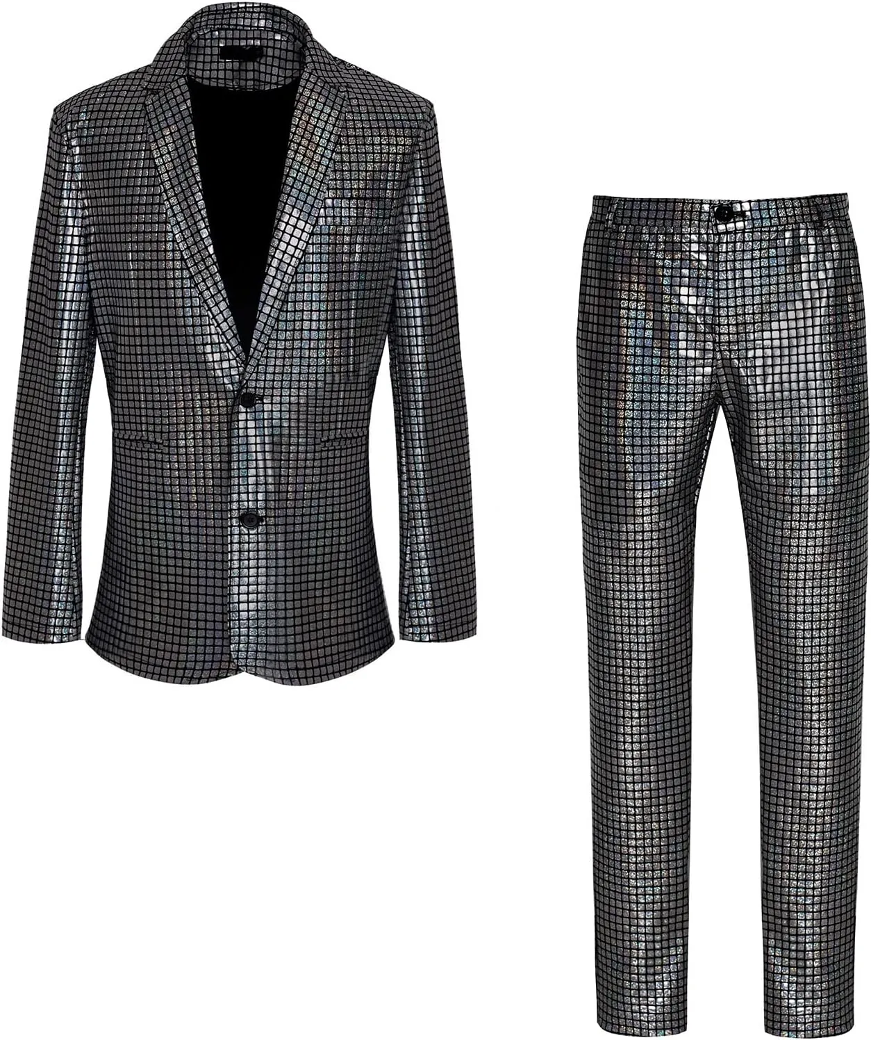 Men's 70s Disco Outfit Sequin Suit Set Metallic Shiny Jacket Slim Fit Pants Party Costume
