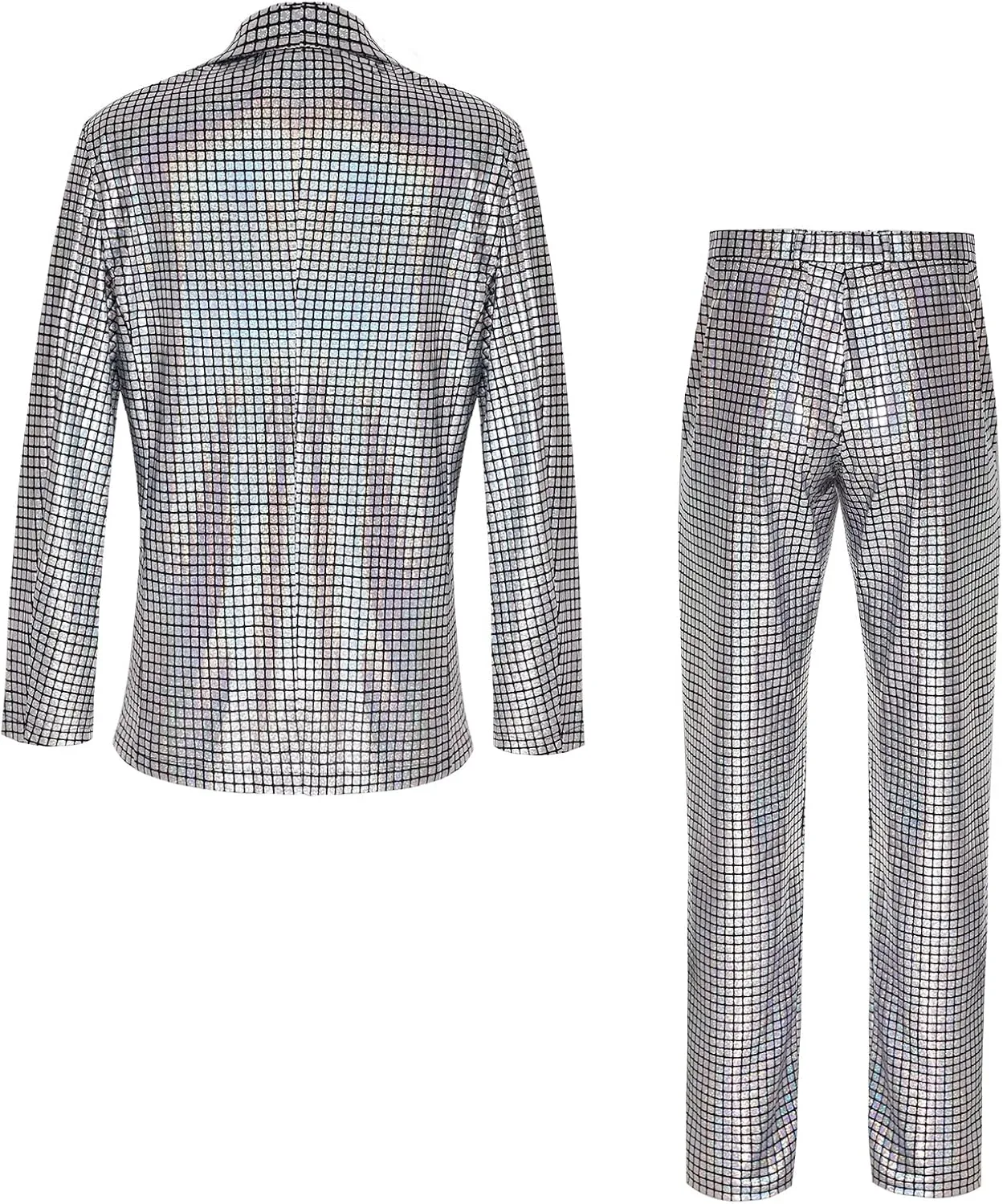 Men's 70s Disco Outfit Sequin Suit Set Metallic Shiny Jacket Slim Fit Pants Party Costume