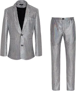 Men's 70s Disco Outfit Sequin Suit Set Metallic Shiny Jacket Slim Fit Pants Party Costume