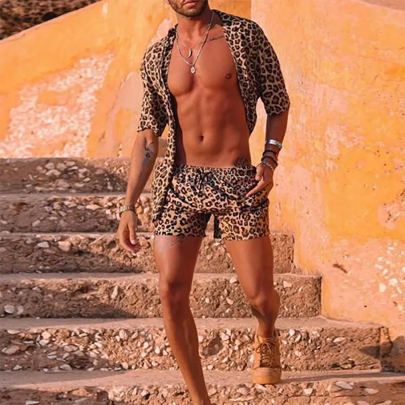 Men's Casual Leopard Print Beach Short Sleeve Shirt Suit
