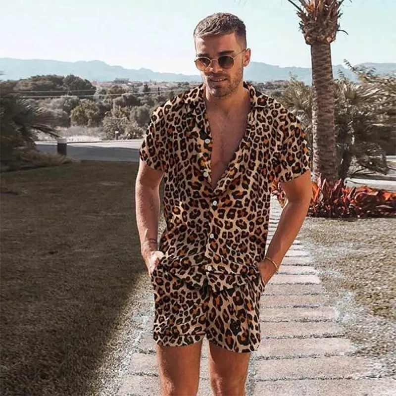 Men's Casual Leopard Print Beach Short Sleeve Shirt Suit