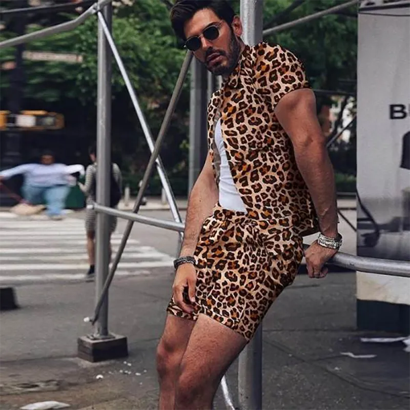 Men's Casual Leopard Print Beach Short Sleeve Shirt Suit