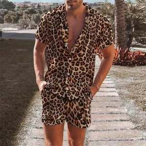 Men's Casual Leopard Print Beach Short Sleeve Shirt Suit
