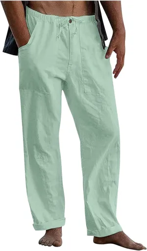 Men's Casual Loose and Comfortable Casual Pants Cotton Linen Printed Drawstring Trousers