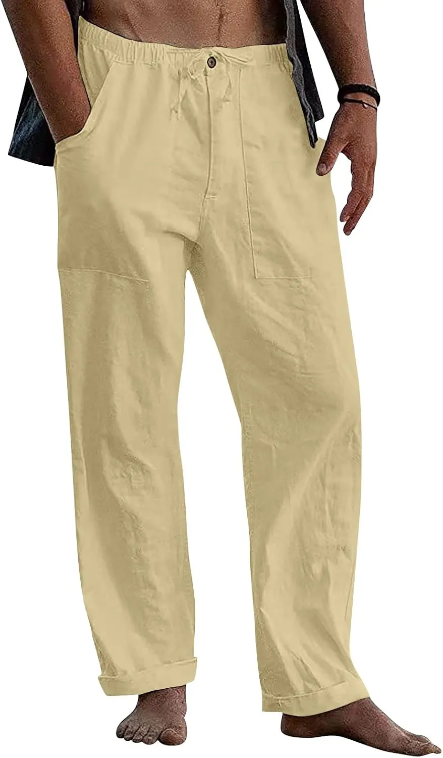 Men's Casual Loose and Comfortable Casual Pants Cotton Linen Printed Drawstring Trousers