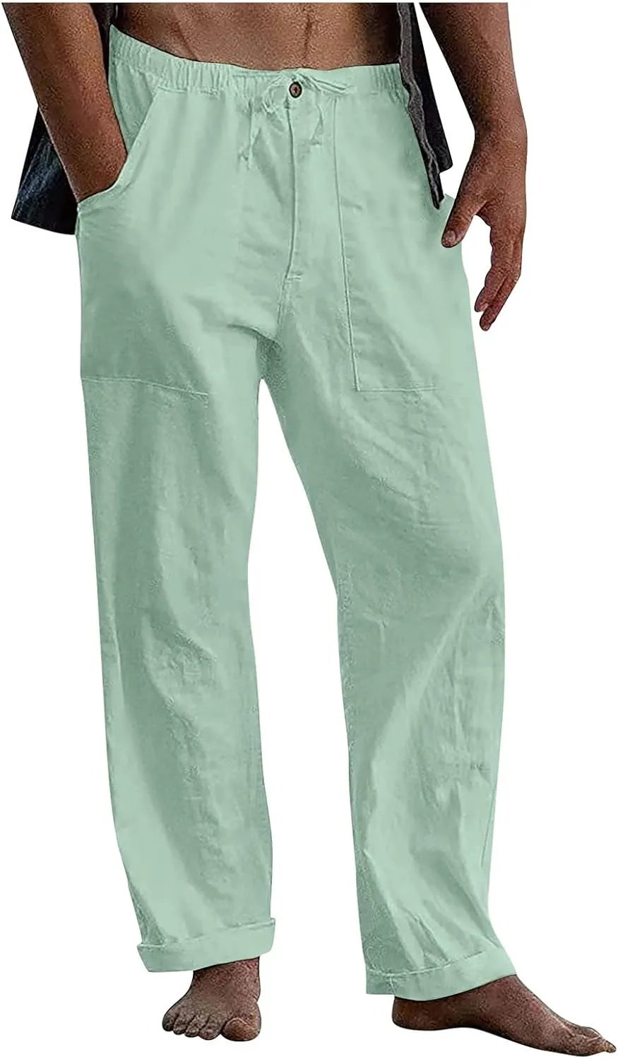 Men's Casual Loose and Comfortable Casual Pants Cotton Linen Printed Drawstring Trousers