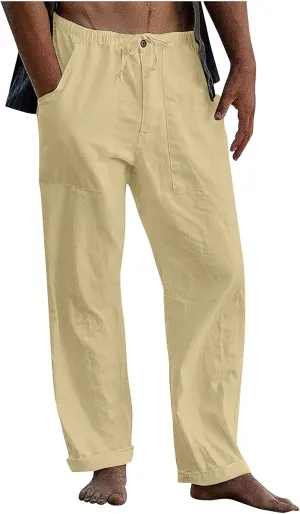 Men's Casual Loose and Comfortable Casual Pants Cotton Linen Printed Drawstring Trousers