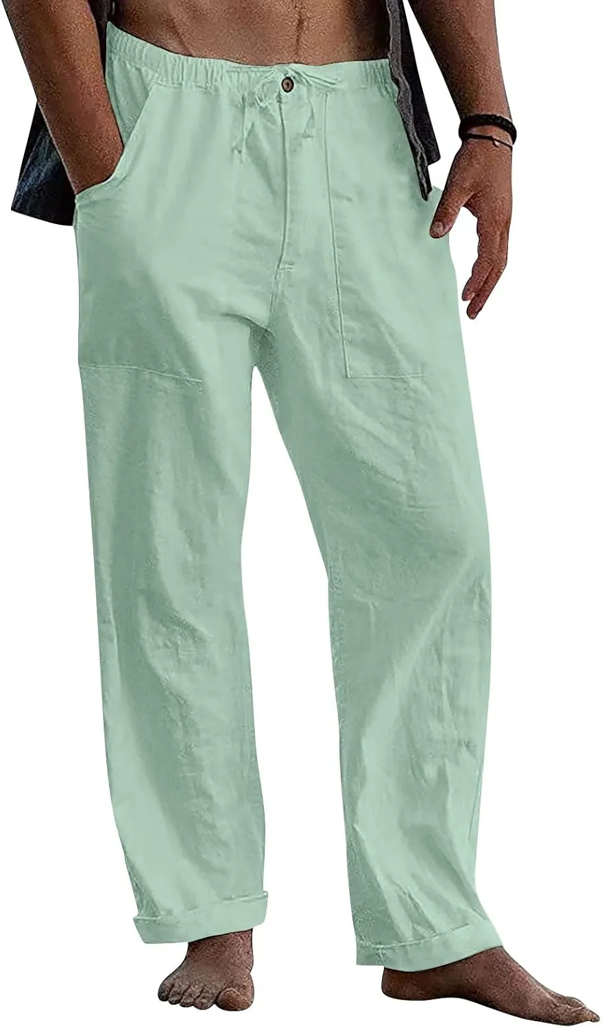 Men's Casual Loose and Comfortable Casual Pants Cotton Linen Printed Drawstring Trousers