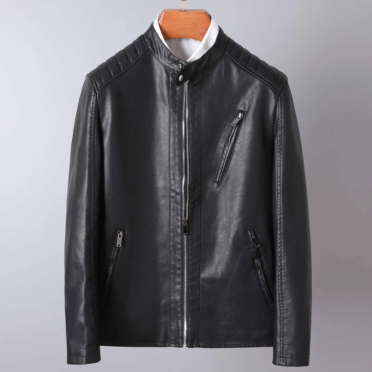 Mens Casual Stand Collar Slim Fit Faux Leather Jacket Biker Motorcycle Jacket