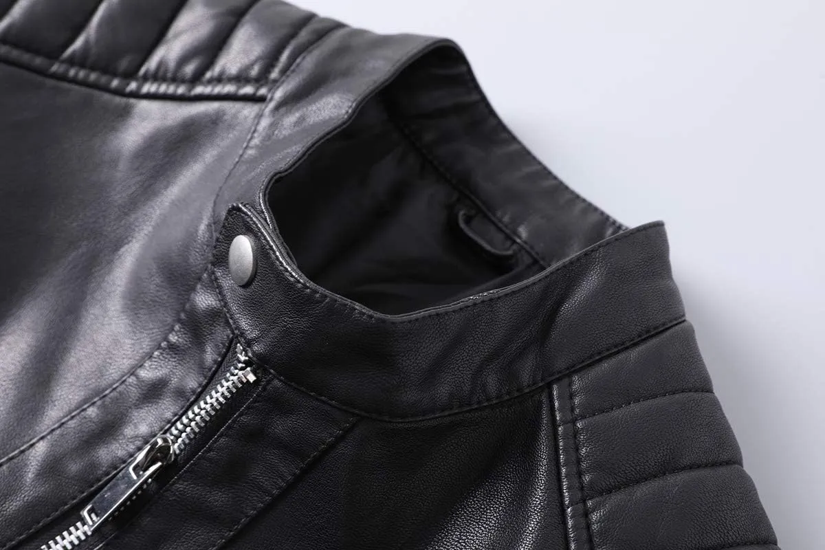 Mens Casual Stand Collar Slim Fit Faux Leather Jacket Biker Motorcycle Jacket
