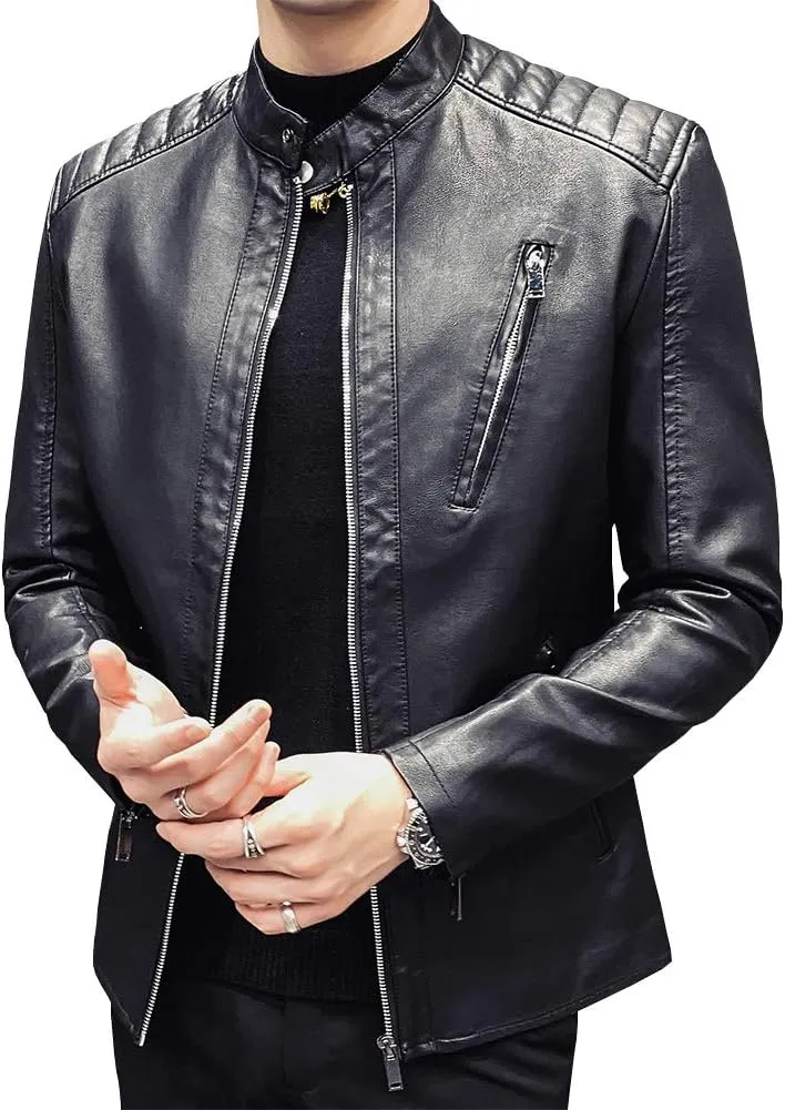 Mens Casual Stand Collar Slim Fit Faux Leather Jacket Biker Motorcycle Jacket