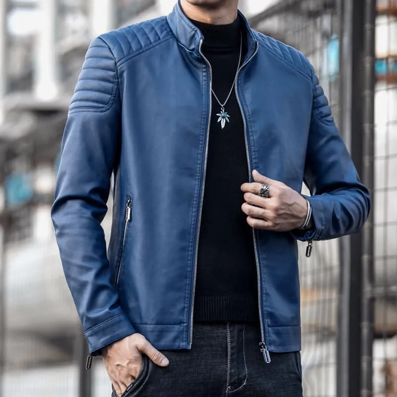 Mens Casual Stand Collar Slim Fit Faux Leather Jacket Biker Motorcycle Jacket