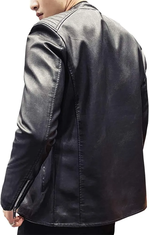 Mens Casual Stand Collar Slim Fit Faux Leather Jacket Biker Motorcycle Jacket