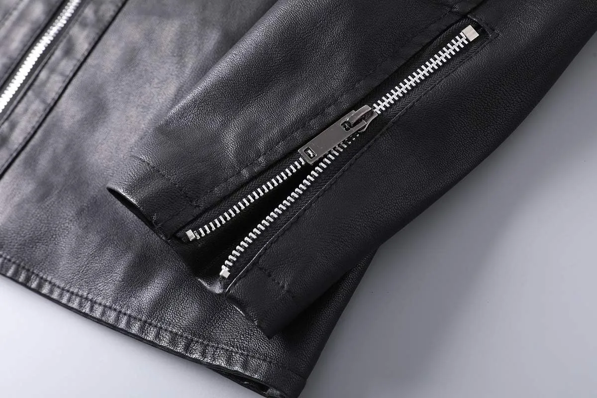Mens Casual Stand Collar Slim Fit Faux Leather Jacket Biker Motorcycle Jacket