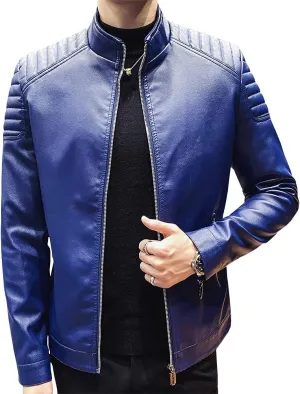 Mens Casual Stand Collar Slim Fit Faux Leather Jacket Biker Motorcycle Jacket