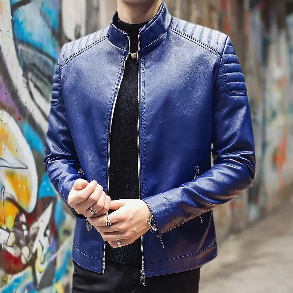 Mens Casual Stand Collar Slim Fit Faux Leather Jacket Biker Motorcycle Jacket