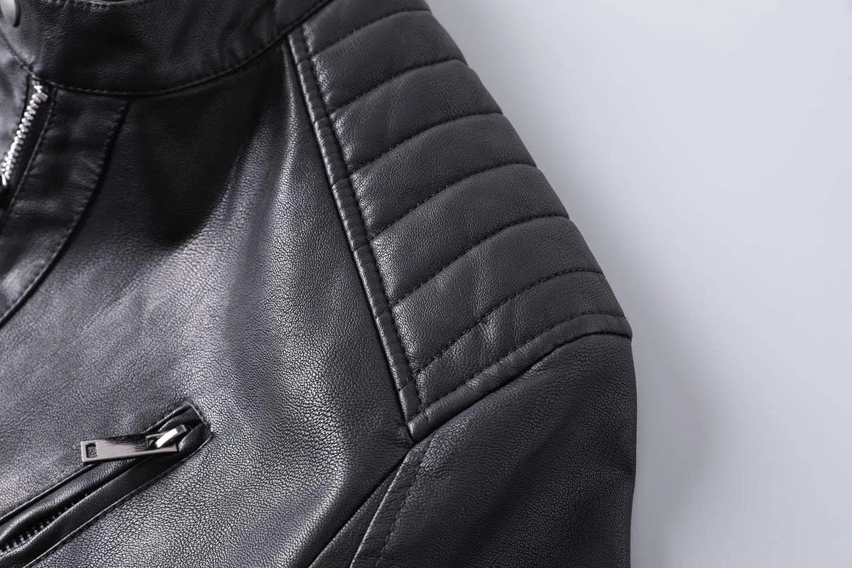 Mens Casual Stand Collar Slim Fit Faux Leather Jacket Biker Motorcycle Jacket