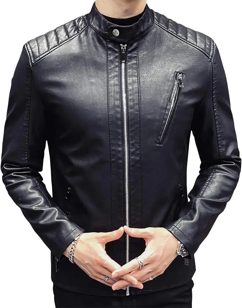 Mens Casual Stand Collar Slim Fit Faux Leather Jacket Biker Motorcycle Jacket
