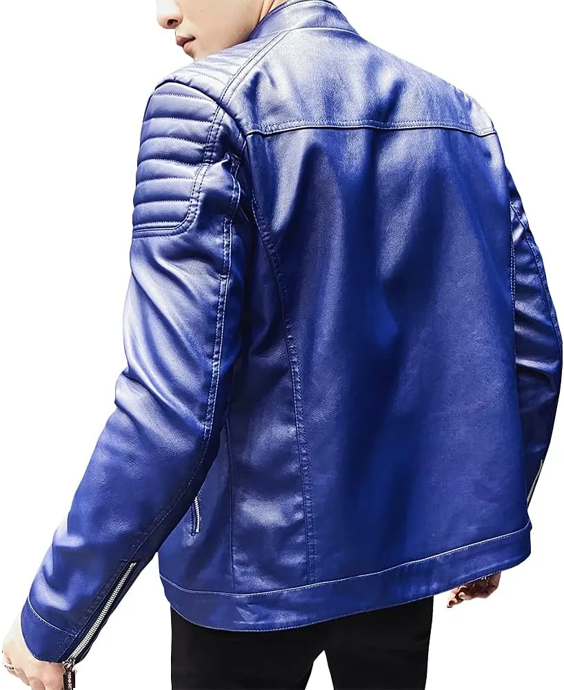 Mens Casual Stand Collar Slim Fit Faux Leather Jacket Biker Motorcycle Jacket