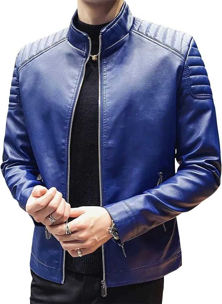 Mens Casual Stand Collar Slim Fit Faux Leather Jacket Biker Motorcycle Jacket