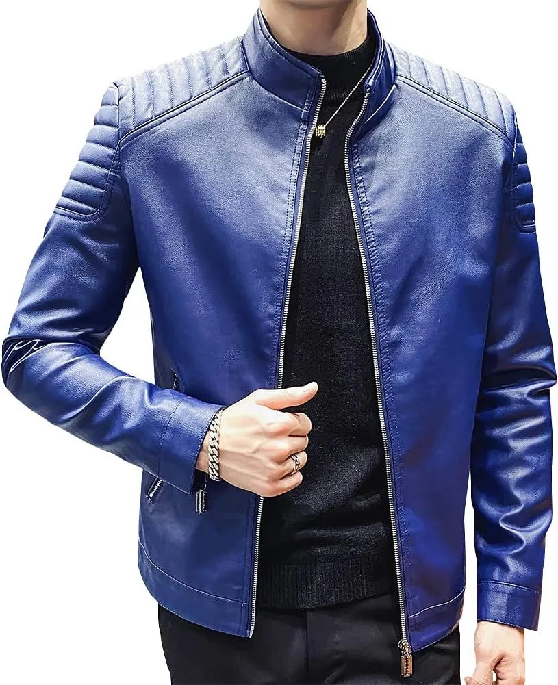 Mens Casual Stand Collar Slim Fit Faux Leather Jacket Biker Motorcycle Jacket