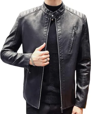 Mens Casual Stand Collar Slim Fit Faux Leather Jacket Biker Motorcycle Jacket