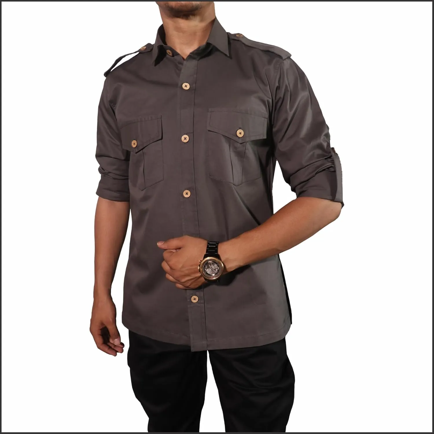 Men's Cotton 2 Pocket Hunting Safari Shirt with Coconut Shell Buttons Quick Dry Hiking Travel Fishing Long Sleeve Cargo Style