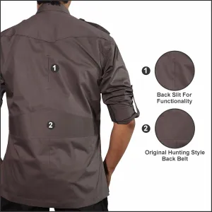 Men's Cotton 2 Pocket Hunting Safari Shirt with Coconut Shell Buttons Quick Dry Hiking Travel Fishing Long Sleeve Cargo Style