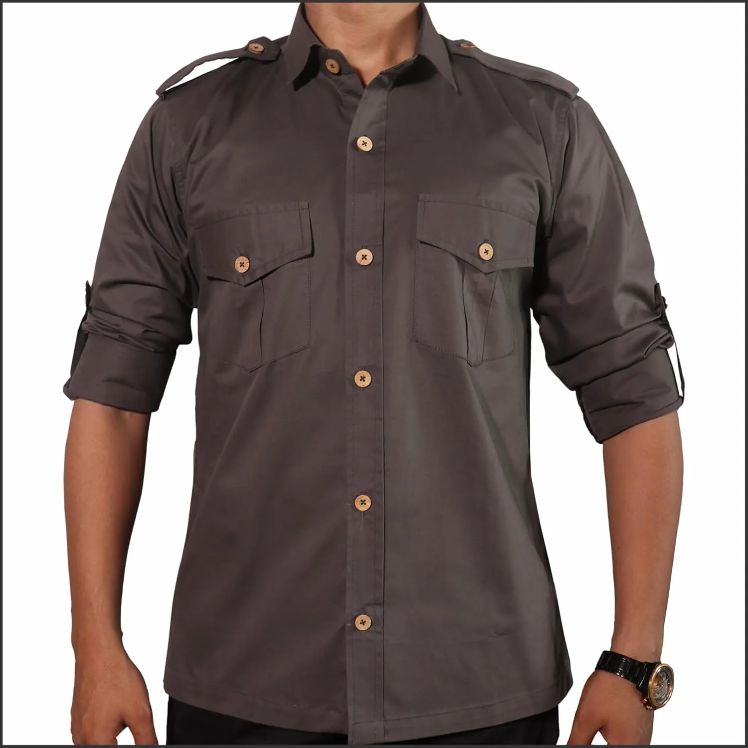 Men's Cotton 2 Pocket Hunting Safari Shirt with Coconut Shell Buttons Quick Dry Hiking Travel Fishing Long Sleeve Cargo Style