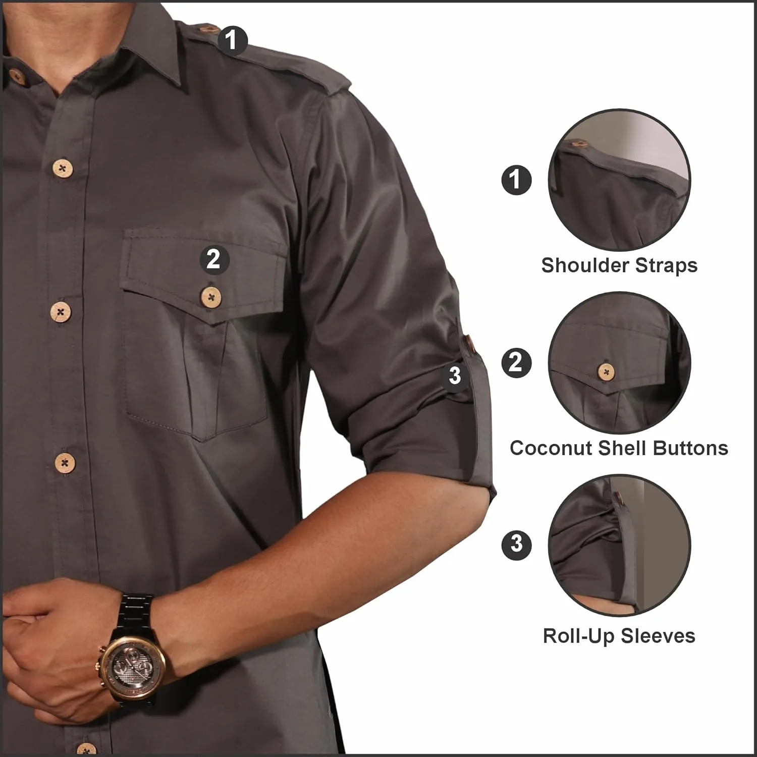 Men's Cotton 2 Pocket Hunting Safari Shirt with Coconut Shell Buttons Quick Dry Hiking Travel Fishing Long Sleeve Cargo Style