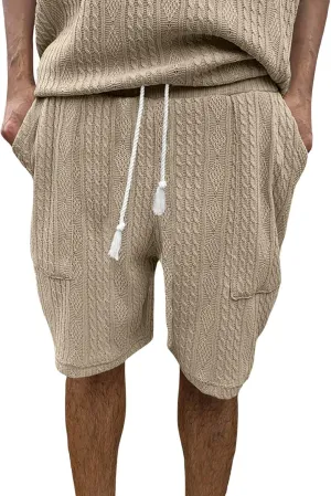 Mens Cozy Casual Shorts Expandable Drawstring Waisted Textured Solid Bermuda Summer Lightweight Comfortable Daily Home Pants
