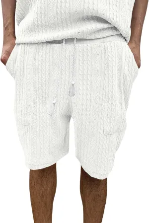 Mens Cozy Casual Shorts Expandable Drawstring Waisted Textured Solid Bermuda Summer Lightweight Comfortable Daily Home Pants