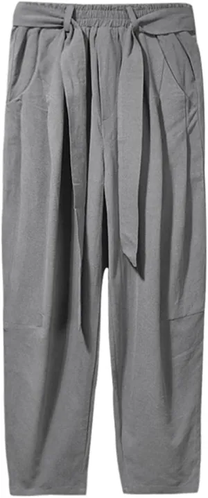 Mens Hardwearing Comfortable Trousers Cotton Linen Pants Elastic Waist Harem Pants Loose