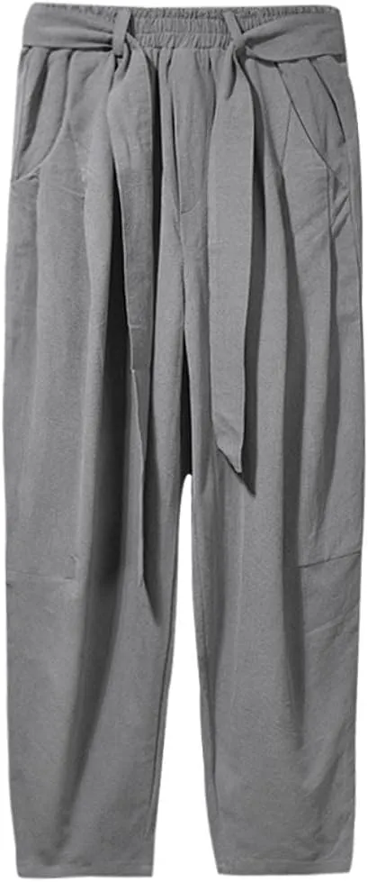 Mens Hardwearing Comfortable Trousers Cotton Linen Pants Elastic Waist Harem Pants Loose