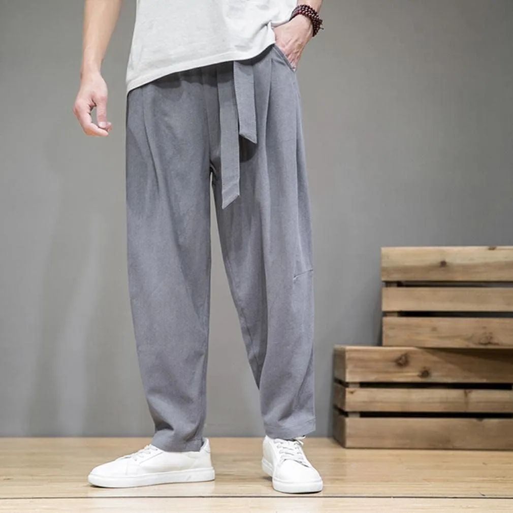 Mens Hardwearing Comfortable Trousers Cotton Linen Pants Elastic Waist Harem Pants Loose