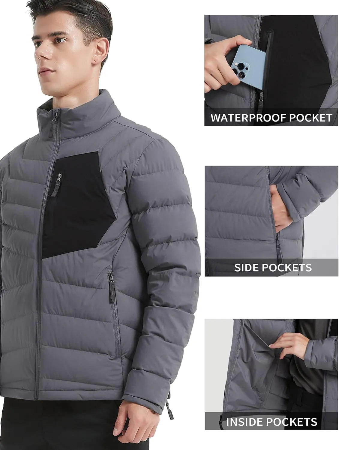 Men's Lightweight Puffer Jacket Insulated Water-Resistant Outdoor Winter Down Jacket for Men