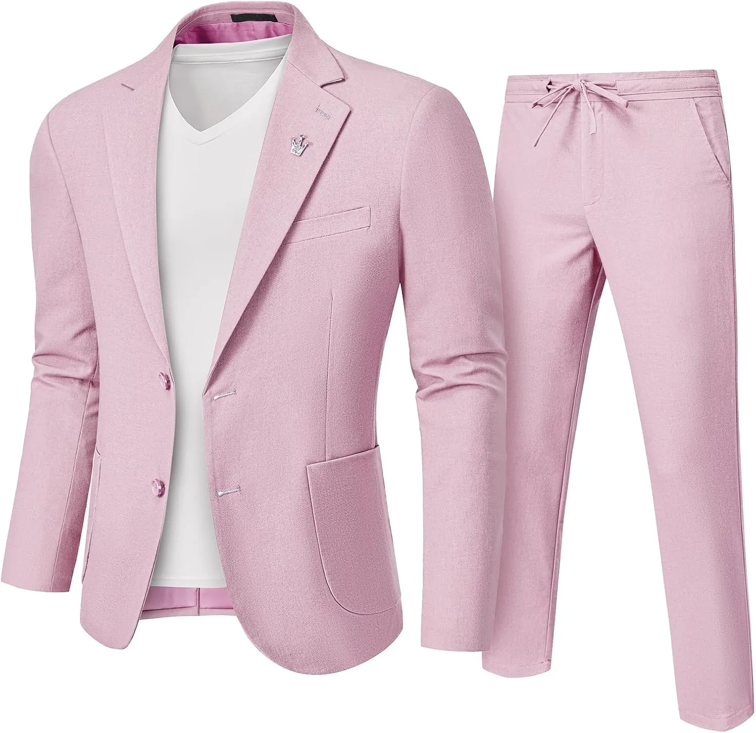 Men's Linen Suit 2 Pieces Regular Fit, Two Buttons Lightweight Jacket and Pants for Beach Wedding, Summer Prom