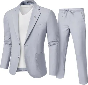 Men's Linen Suit 2 Pieces Regular Fit, Two Buttons Lightweight Jacket and Pants for Beach Wedding, Summer Prom