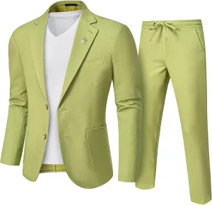 Men's Linen Suit 2 Pieces Regular Fit, Two Buttons Lightweight Jacket and Pants for Beach Wedding, Summer Prom